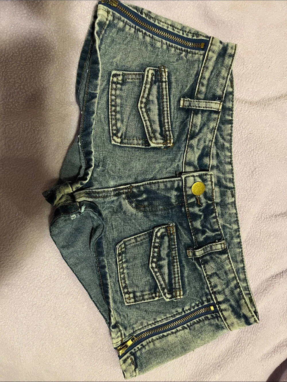 Super low rise short micro Blue Washed Denim Jean Shorts with Gold Accents